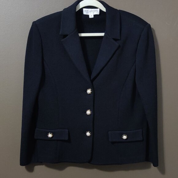 St. John Collection Black Wool Blend Knit Blazer Pearl Buttons Women's SIZE 12 - Picture 2 of 7